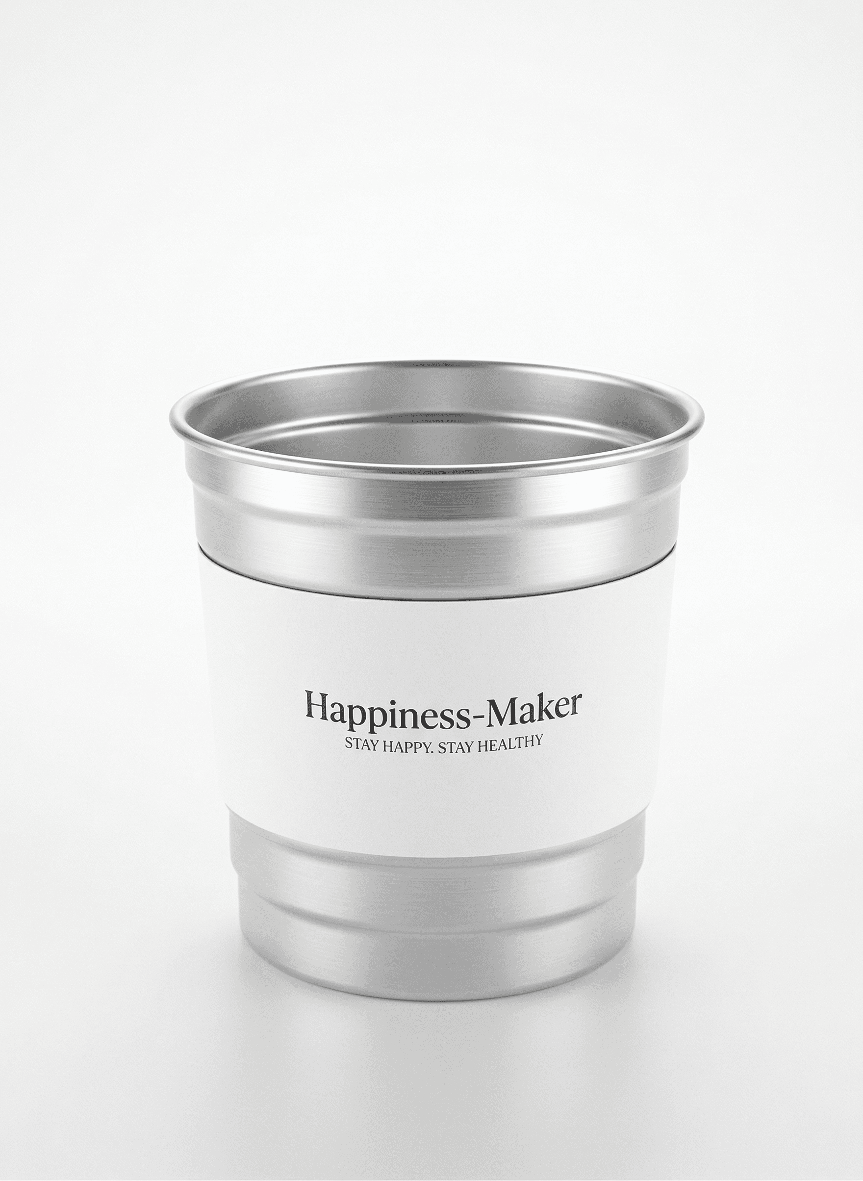 Brushed aluminum dine-in cup with paper sleeve