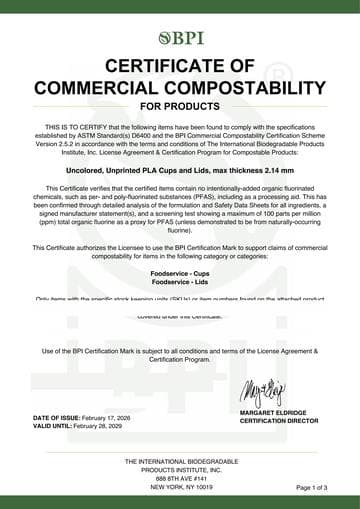 BPI commercial compostability certificate for PLA cold cups and lids
