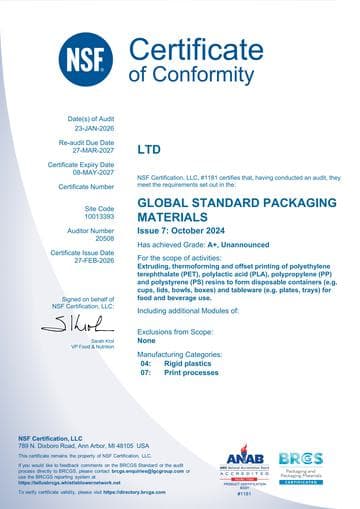 BRC global standard packaging materials certificate
