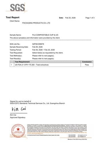 SGS FDA 21 CFR 175 food-contact test report for PLA cups and lids