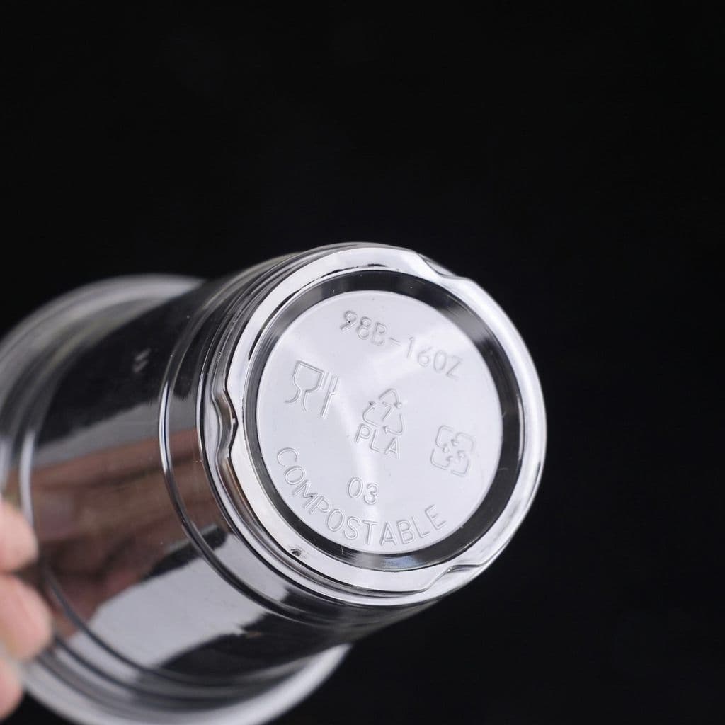 Real clear PLA cup base with PLA and compostable material marking