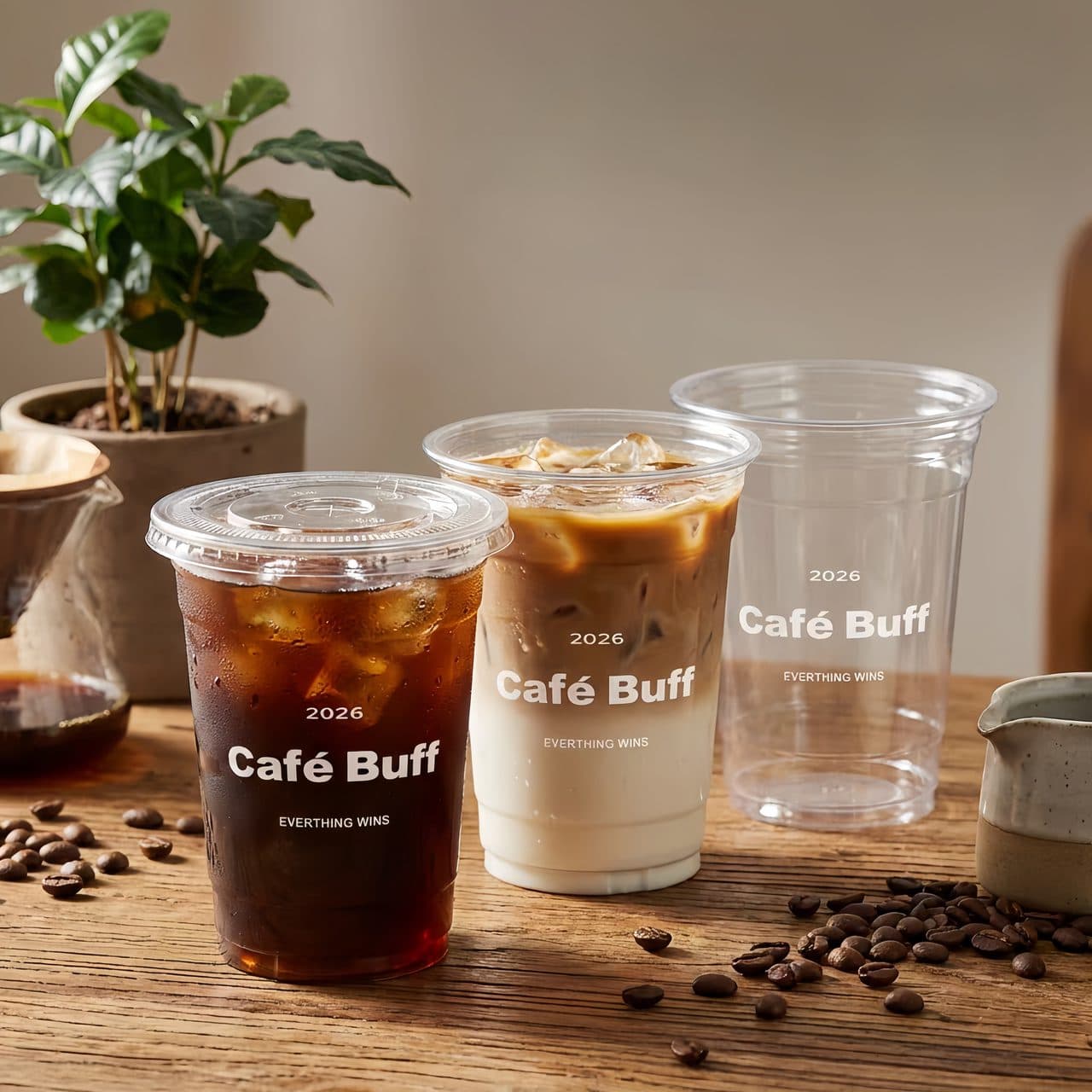 Branded clear PLA cold cups with iced drinks for eco-friendly packaging in the UAE
