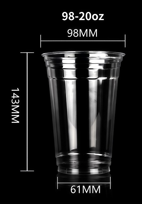 Original supplier photo of a 20oz clear cold cup with 98mm rim, 143mm height and 61mm base.