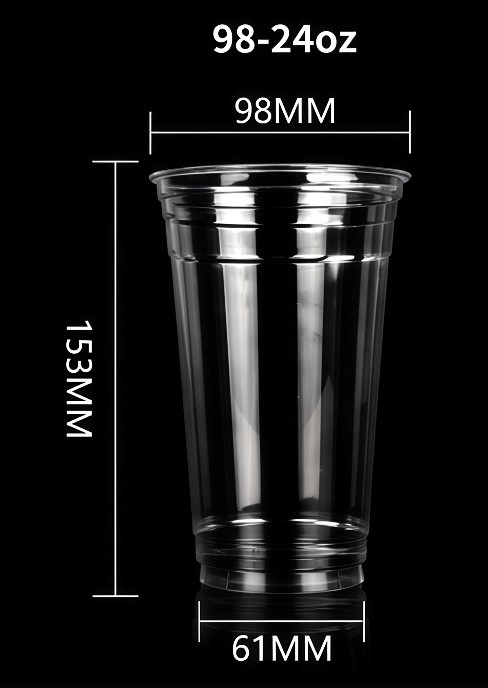 Original supplier photo of a 24oz clear cold cup with 98mm rim, 153mm height and 61mm base.
