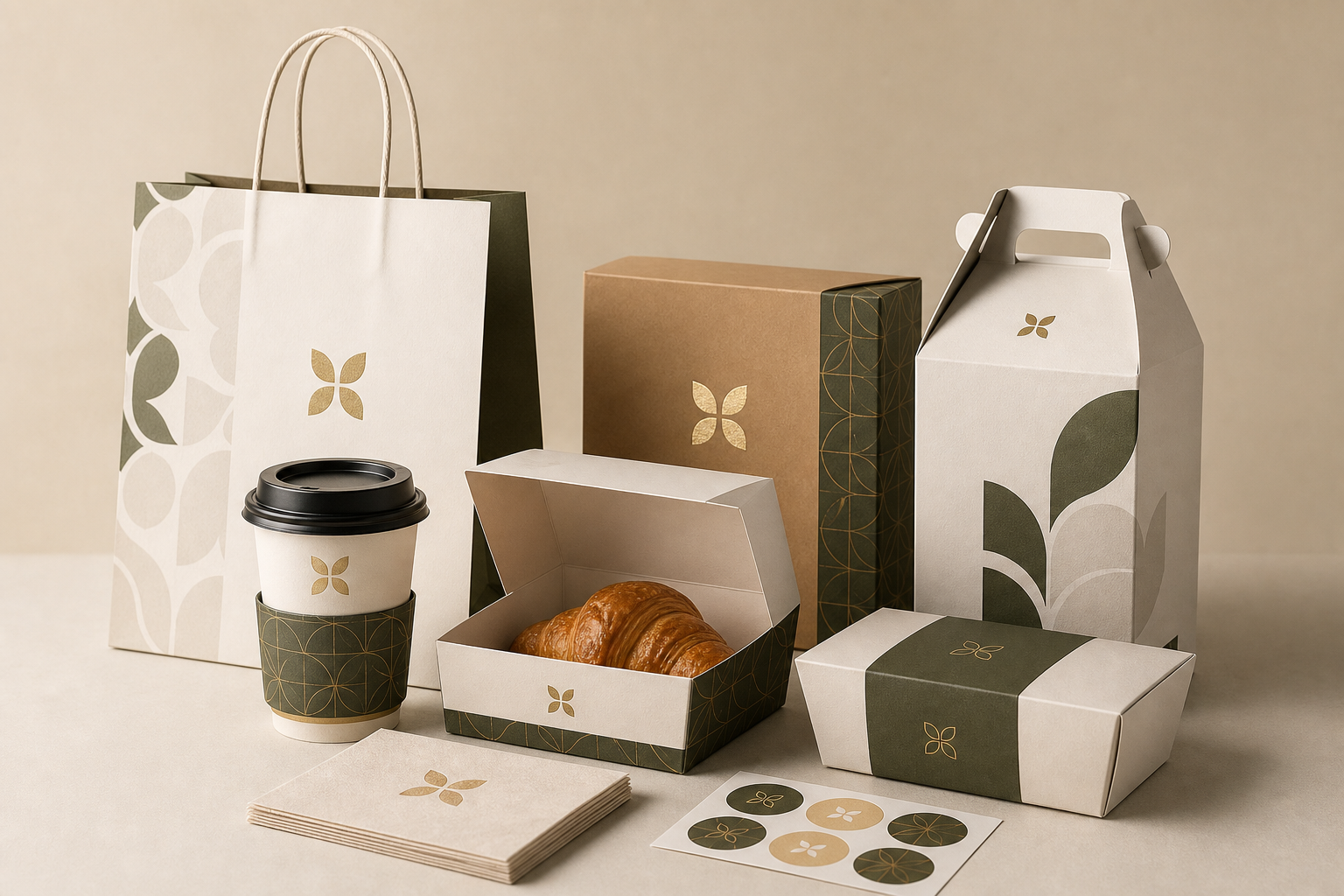 Coordinated premium cafe packaging set with paper bags, coffee cup, pastry box, napkins, stickers and takeaway boxes.