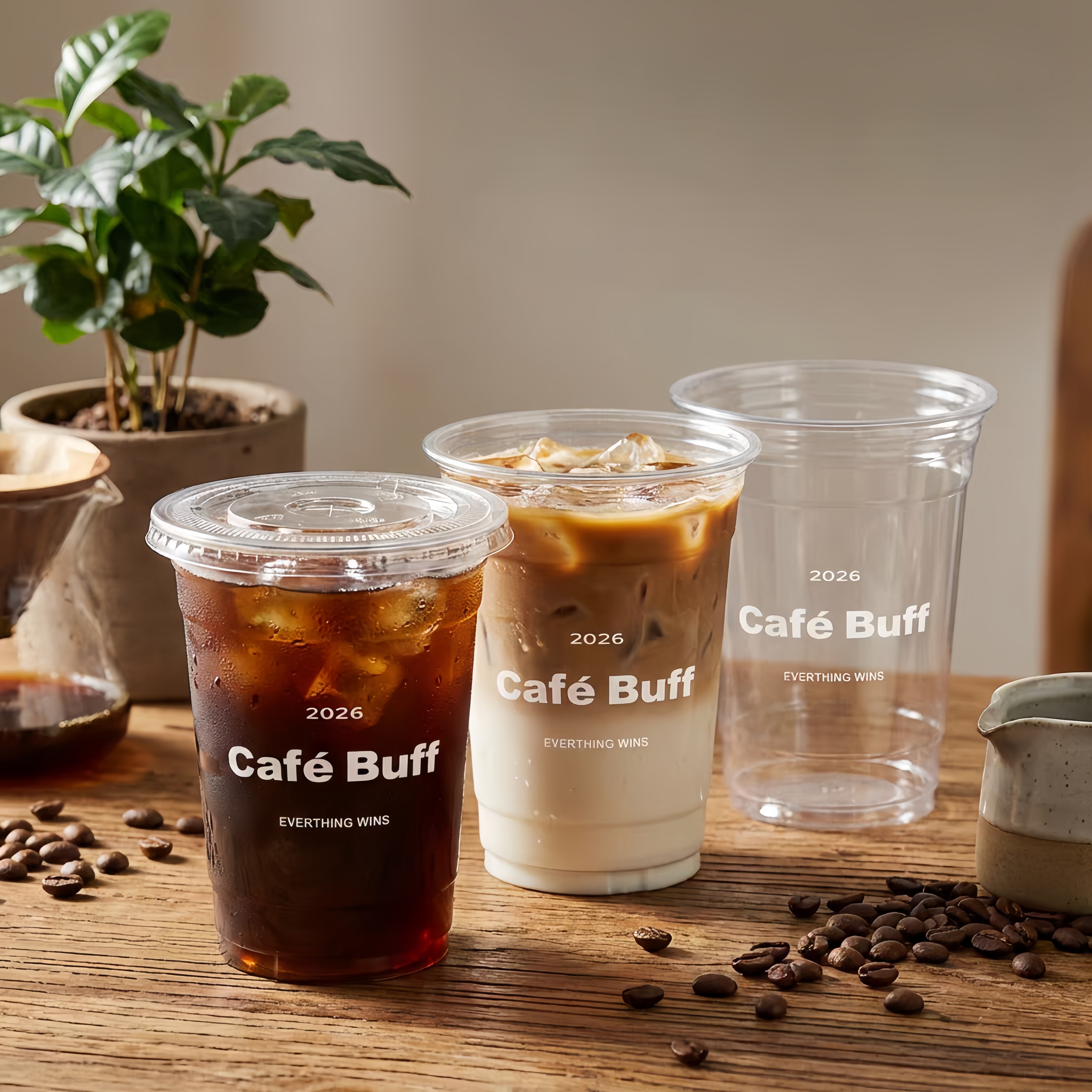 Clear cold drink cups and branded iced beverage cups for cafe packaging.