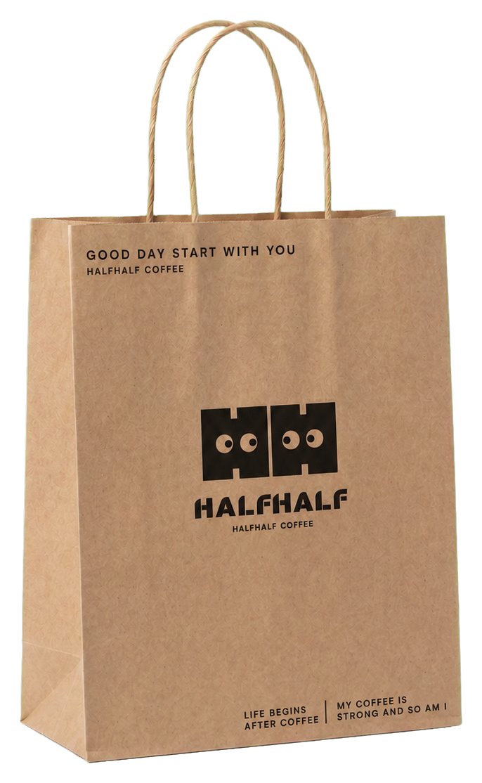 Kraft paper carrier bag with custom black print for takeaway packaging.
