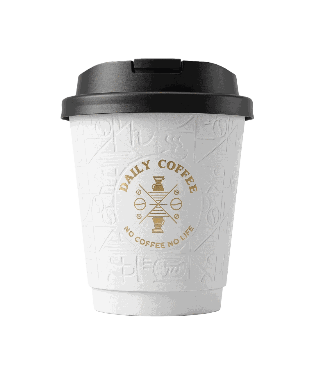 Custom double-wall paper cup with a gold foil logo and embossed body texture.
